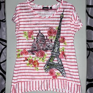 Onque Casuals Striped Paris Themed Short Sleeve Shirt